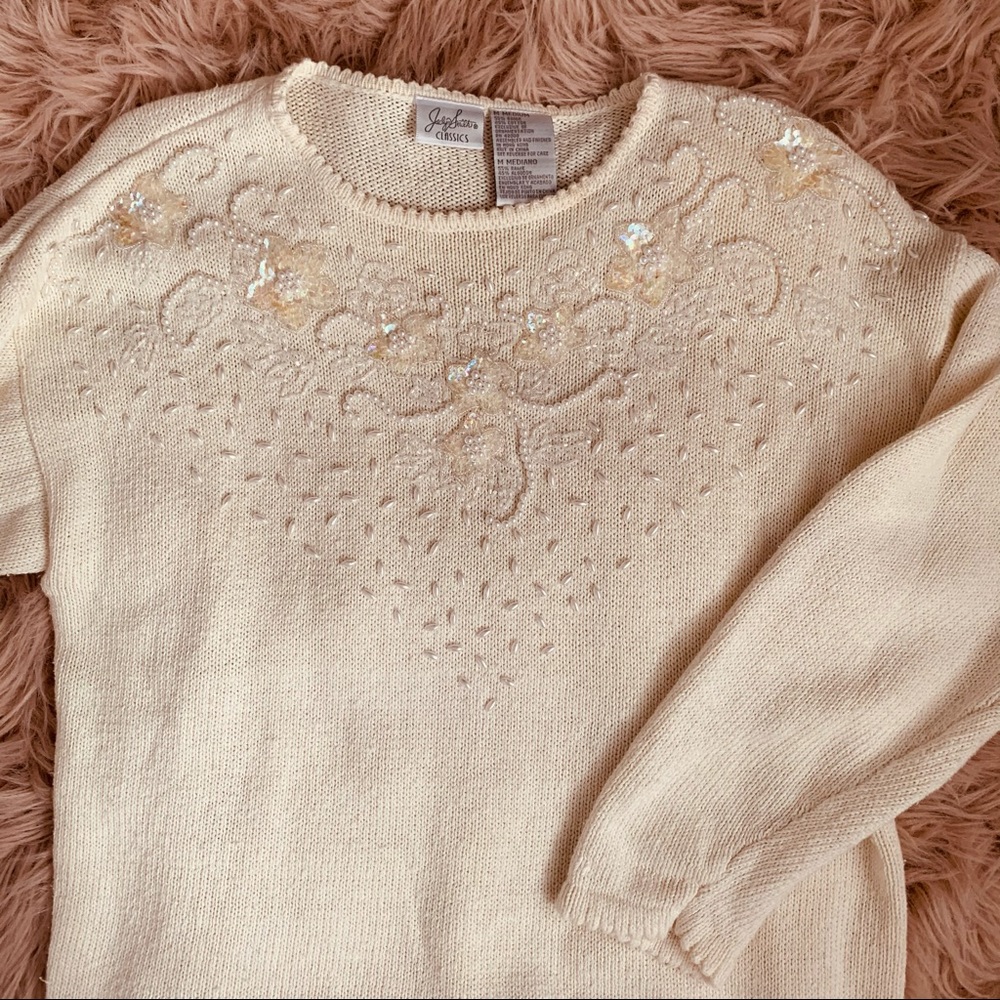 Grandma Cream Sequin Sparkily Shoulder Pad Long Sleeve Sweater